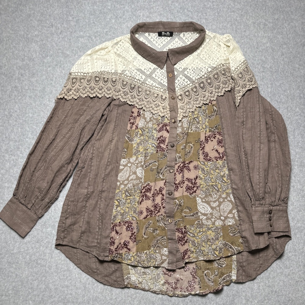 Miss Me Crochet Lace Toffee Brown Ruffle PatchWork Linen Blend Boho Hippie Sz M